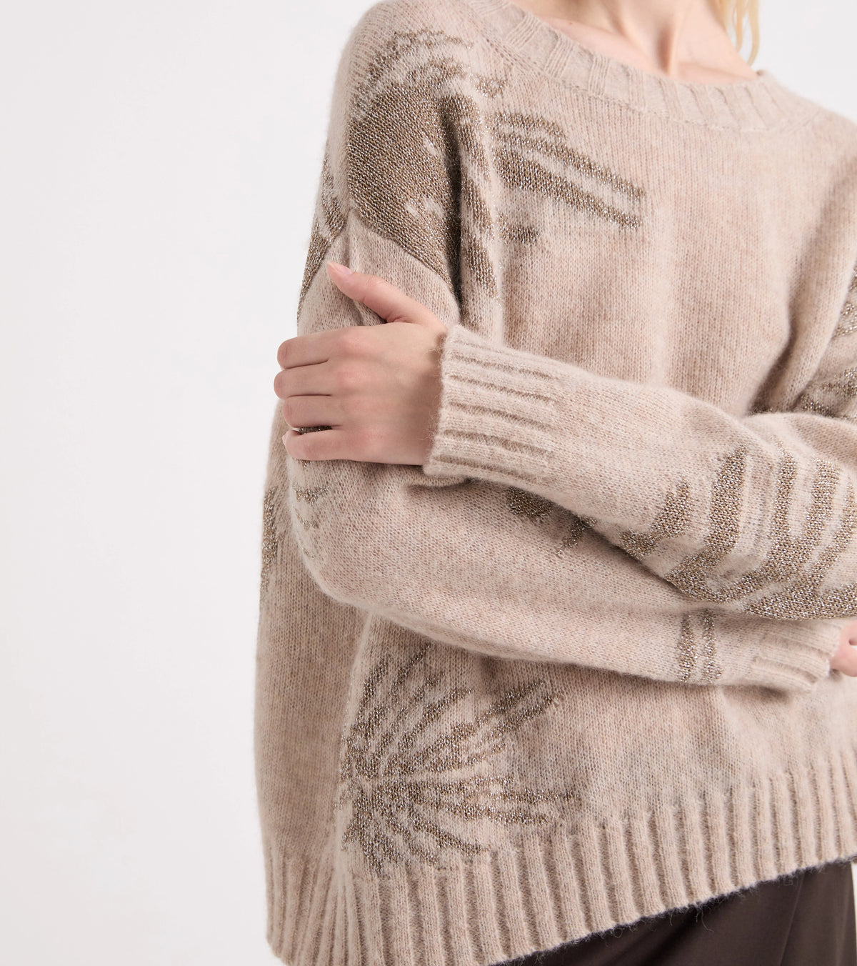 Alessia Santi - Maglia in misto lana con scollo a barca beige lurex