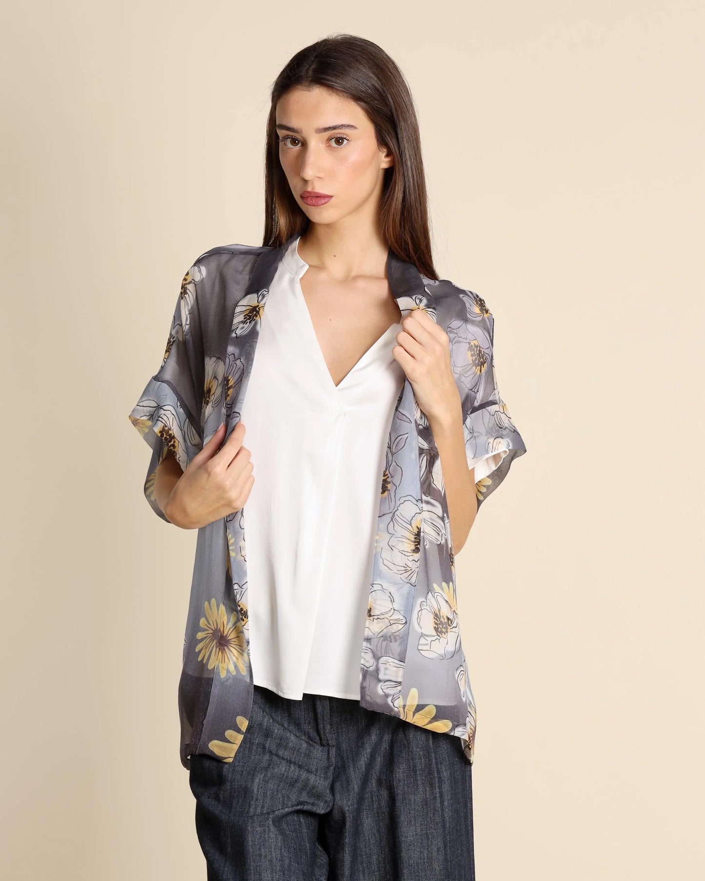 Alessia Santi - Giacca kimono con stampa floreale pesca