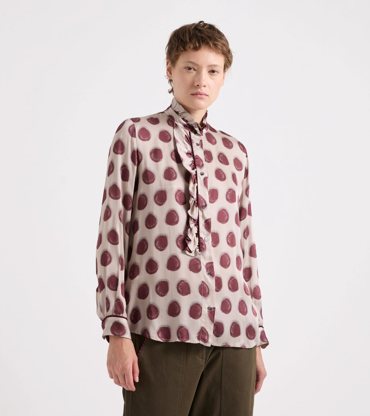 Alessia Santi - Camicia in viscosa stampata con rouches pois bordeaux