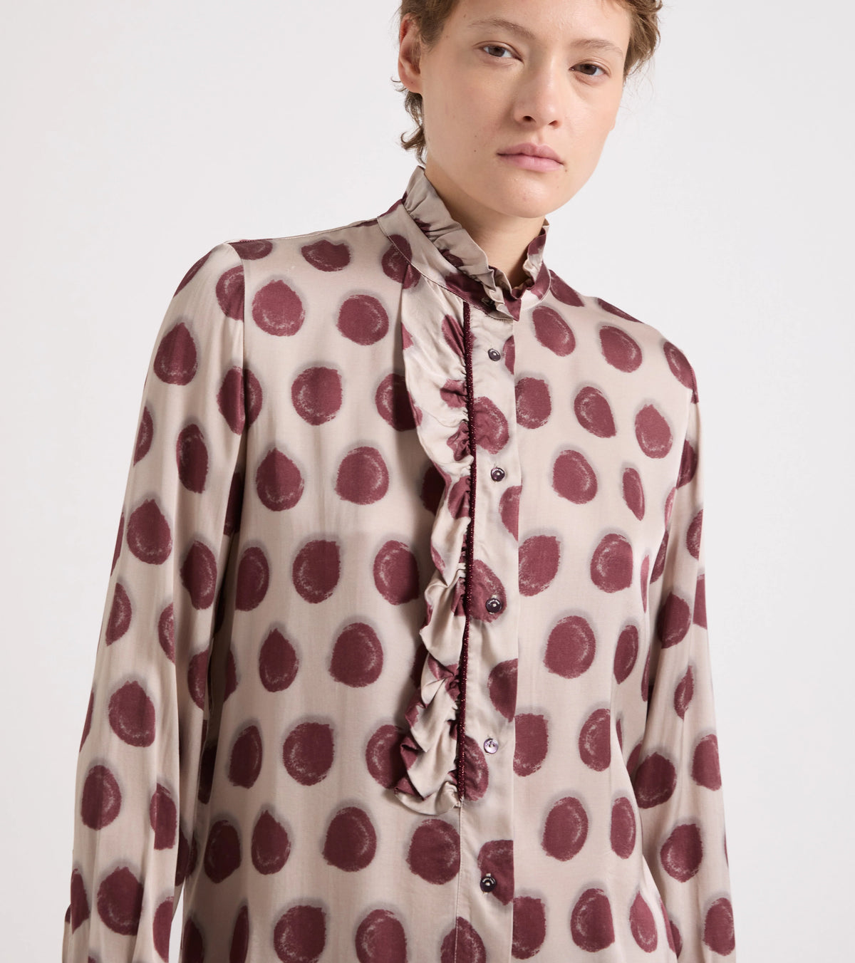 Alessia Santi - Camicia in viscosa stampata con rouches pois bordeaux
