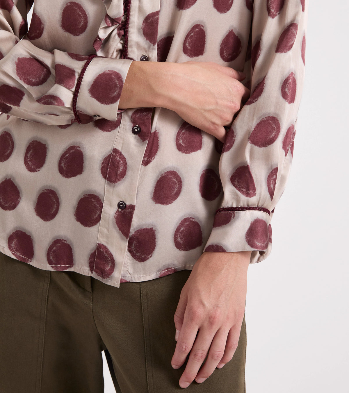 Alessia Santi - Camicia in viscosa stampata con rouches pois bordeaux