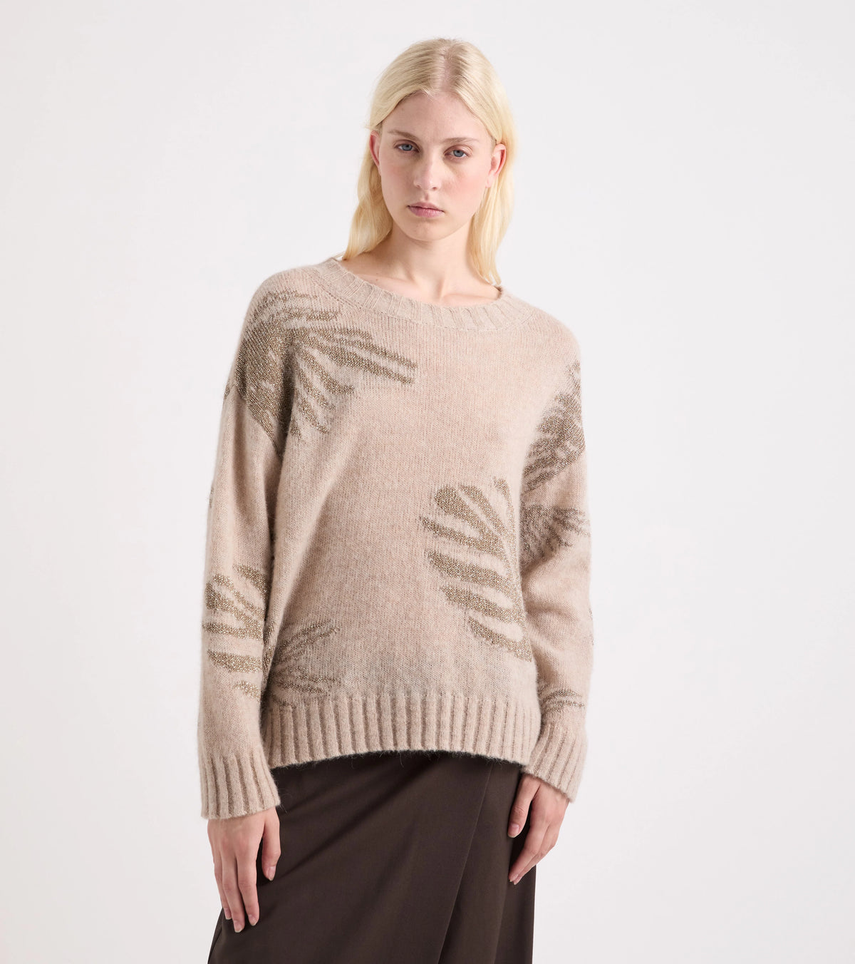 Alessia Santi - Maglia in misto lana con scollo a barca beige lurex