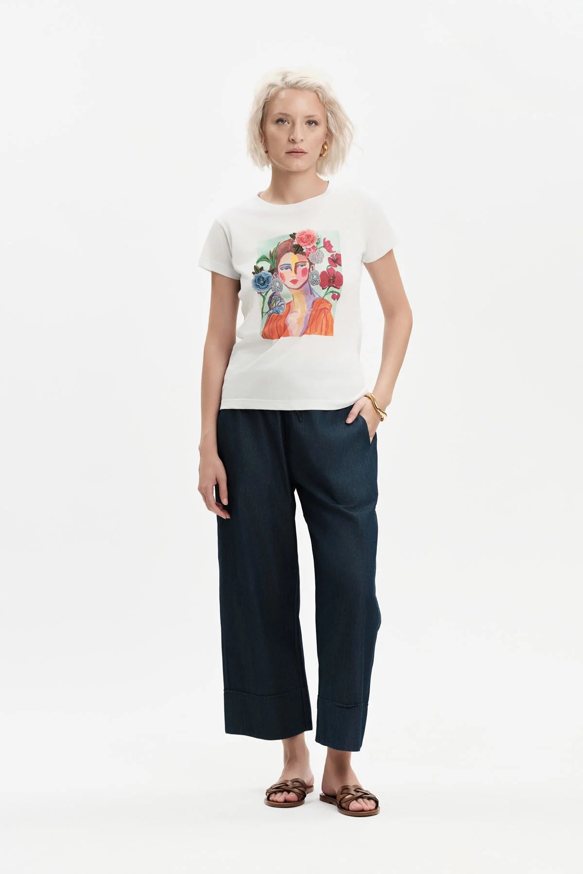 WHITE WISE PANTALONI MIDI IN CHAMBRAY CON RISVOLTO E COULISSE