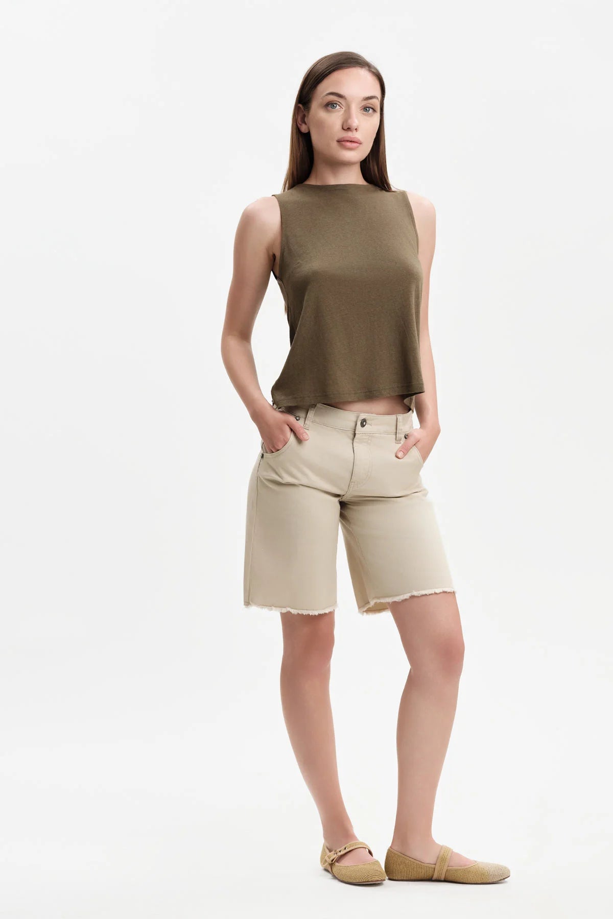 WHITE WISE TOP MISTO LINO CON BOTTONCINI