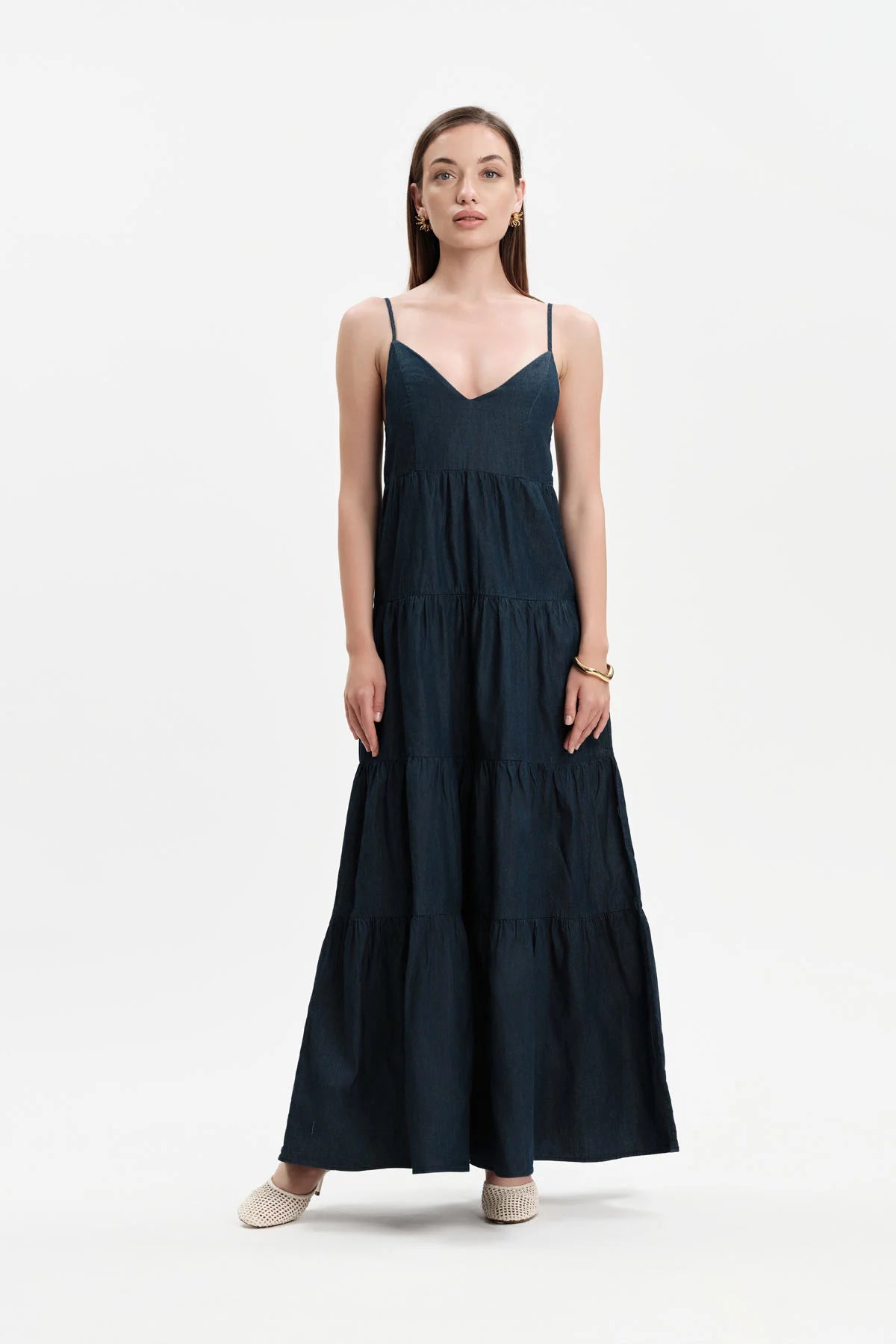 WHITE WISE ABITO LUNGO IN CHAMBRAY CON BALZE E BRETELLINE