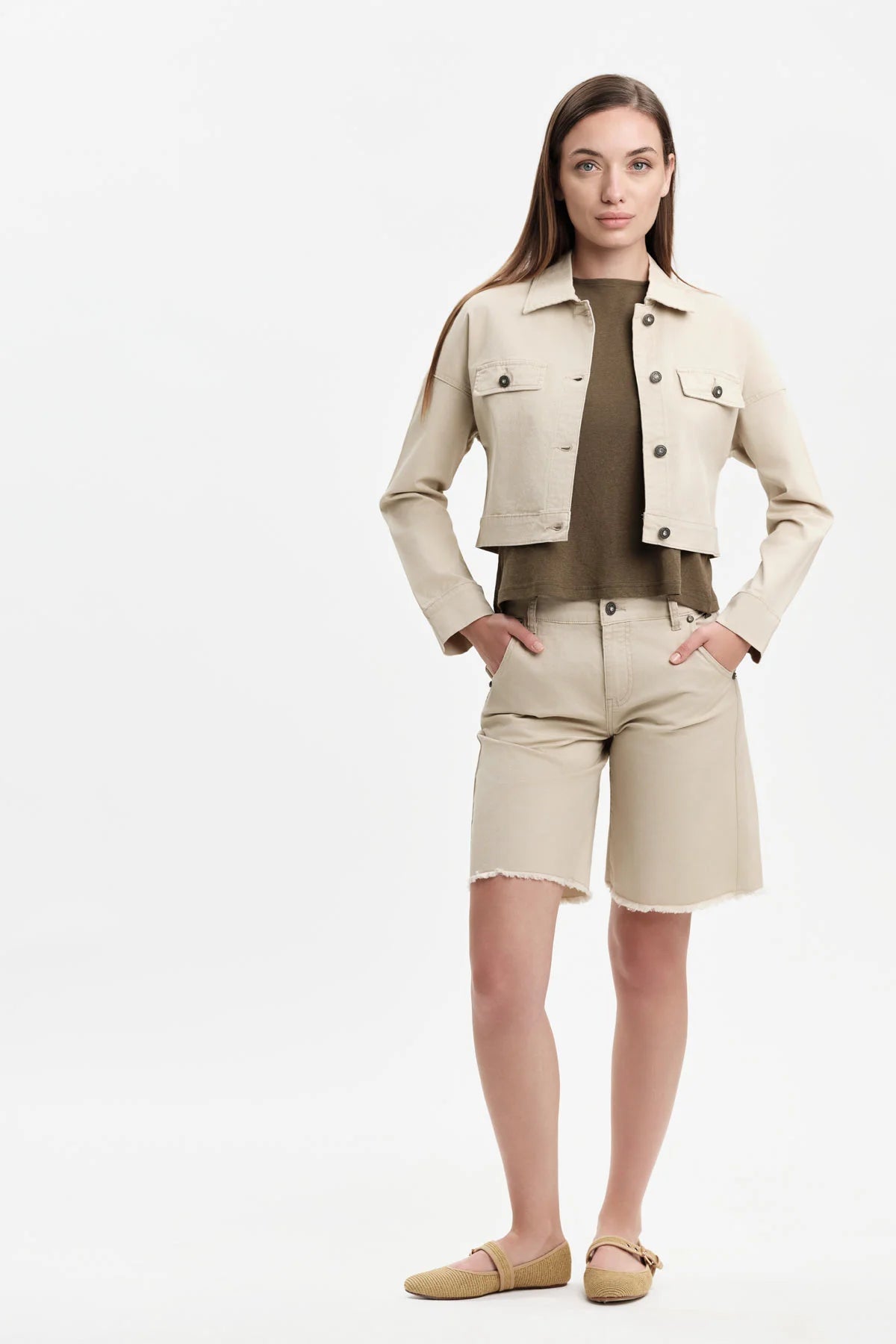 WHITE WISE TOP MISTO LINO CON BOTTONCINI